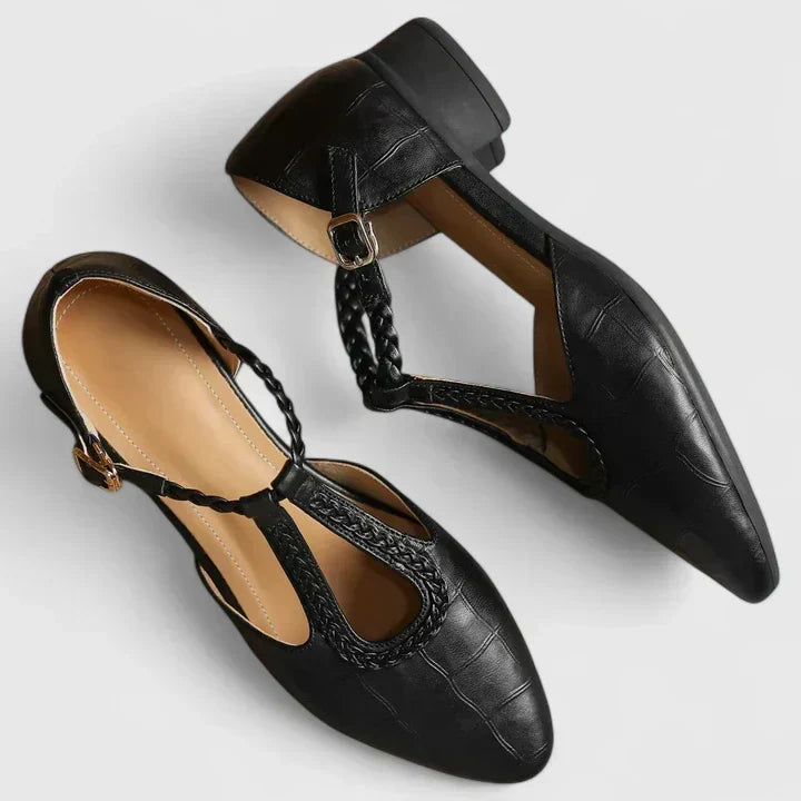 Pointed Toe Braided T-Strap Buckle Flats