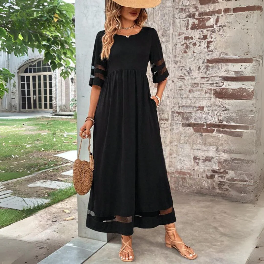 Round Neck Half Sleeve Mesh Panel A-Line Midi Dress