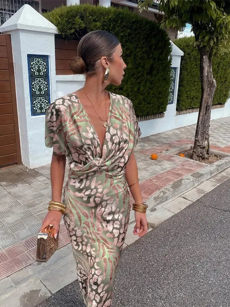 Animal Print Deep V-Neck Twist Front Maxi Dress