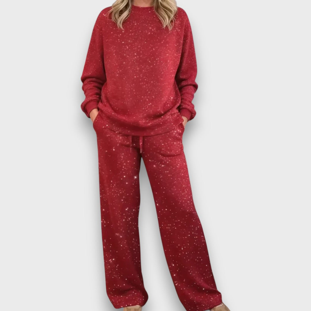 Glitter Crew Neck Long Sleeve Top and Wide Leg Pants Two Piece Set