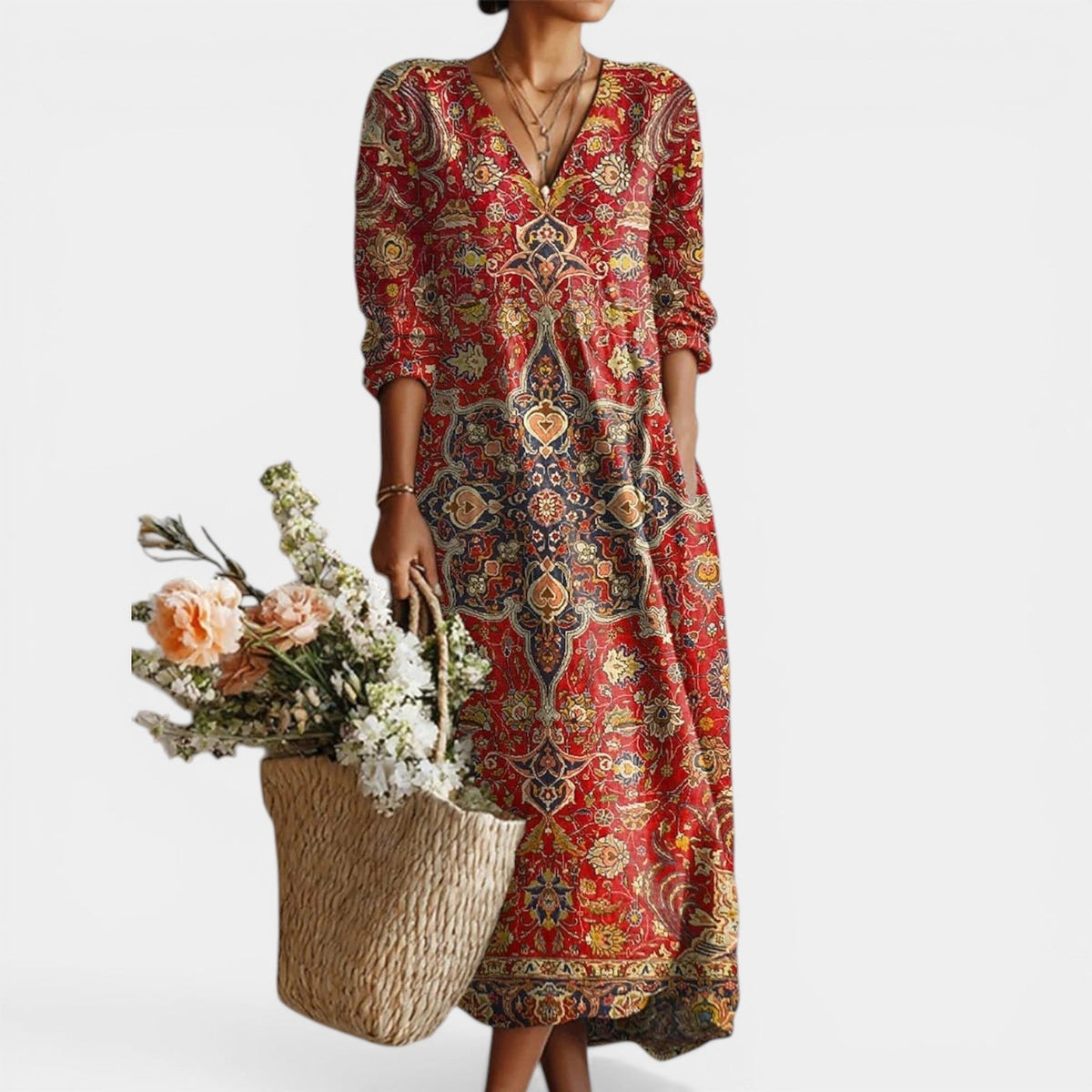 Paisley Print V-Neck Long Sleeve Boho Maxi Dress