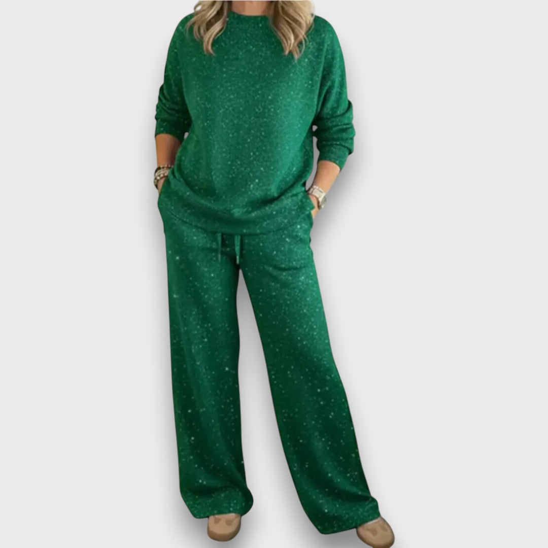 Glitter Crew Neck Long Sleeve Top and Wide Leg Pants Two Piece Set