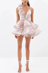 Floral Appliqué Deep V-Neck Tiered Ruffle Mini Dress 2