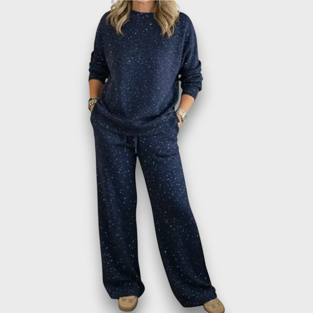 Glitter Crew Neck Long Sleeve Top and Wide Leg Pants Two Piece Set