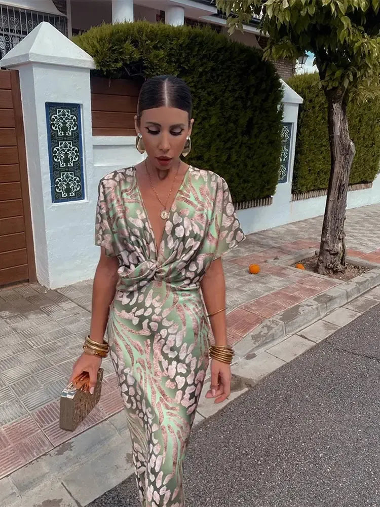 Animal Print Deep V-Neck Twist Front Maxi Dress