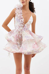 Floral Appliqué Deep V-Neck Tiered Ruffle Mini Dress