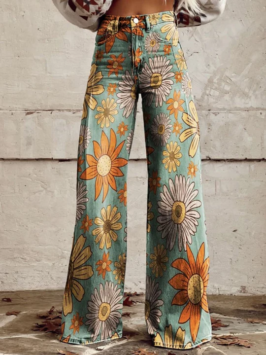Sunflower Floral Print High Waist Wide Leg Jeans