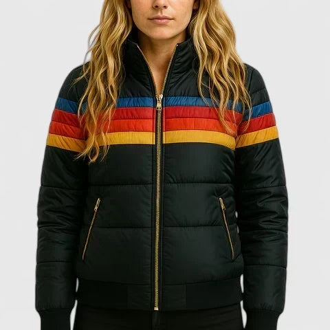 Retro Stripe Zip Front Stand Collar Puffer Jacket