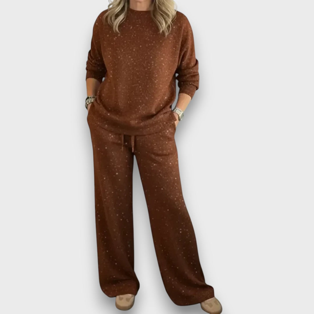 Glitter Crew Neck Long Sleeve Top and Wide Leg Pants Two Piece Set
