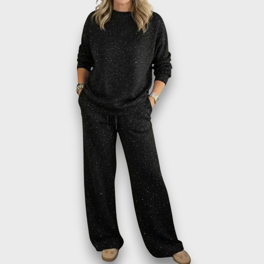 Glitter Crew Neck Long Sleeve Top and Wide Leg Pants Two Piece Set