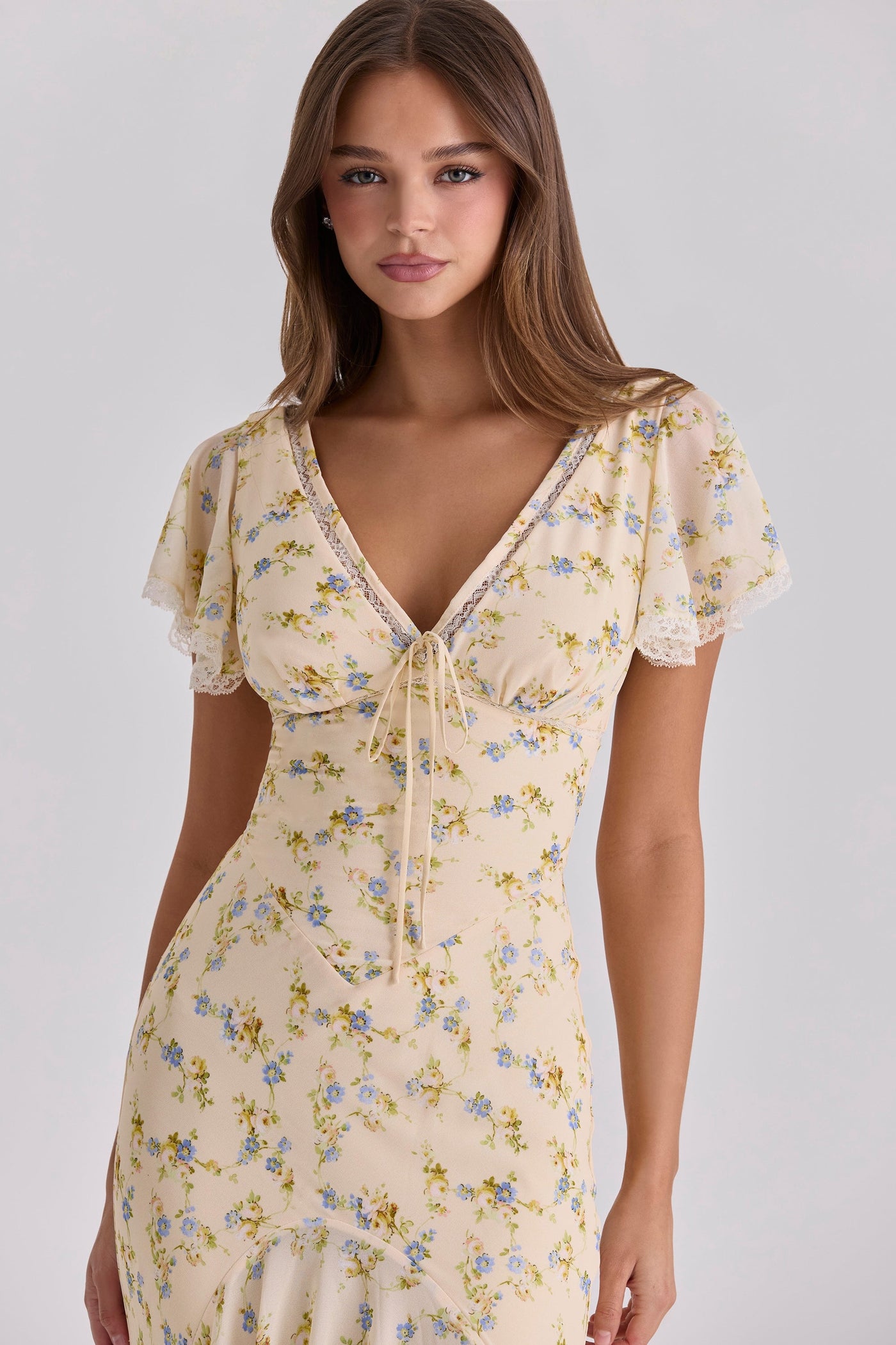 Floral V-Neck Flutter Sleeve Lace Trim Maxi Dress 3