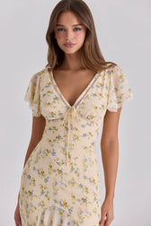 Floral V-Neck Flutter Sleeve Lace Trim Maxi Dress 3