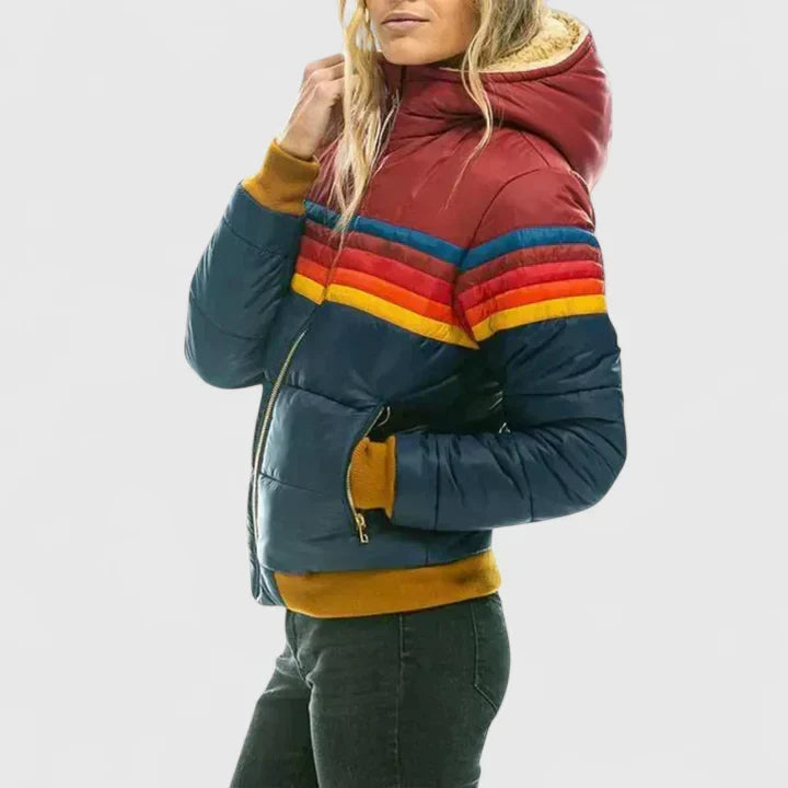 Retro Stripe Zip Front Stand Collar Puffer Jacket