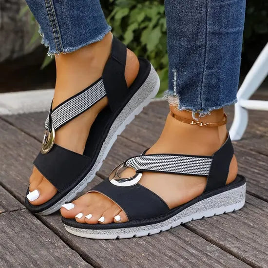 Open Toe Ring Detail Slingback Low Wedge Sandals