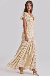 Floral V-Neck Flutter Sleeve Lace Trim Maxi Dress 5