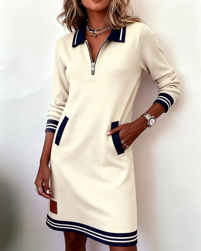Quarter Zip Collar Long Sleeve Stripe Hem Sweatshirt Dress
