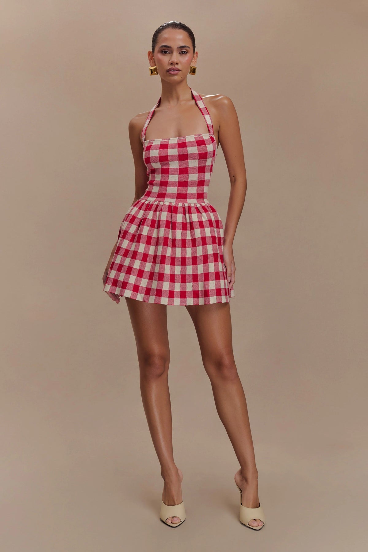 Gingham Halter Neck Drop Waist Pleated Skater Mini Dress