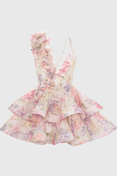 Floral Appliqué Deep V-Neck Tiered Ruffle Mini Dress 5