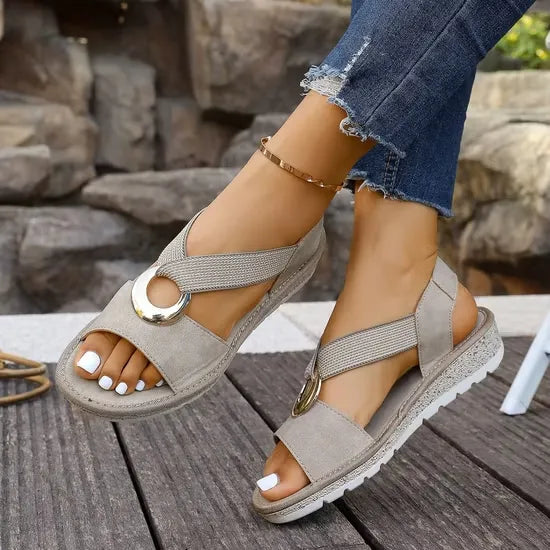 Open Toe Ring Detail Slingback Low Wedge Sandals