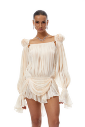 Plisse Off Shoulder Bishop Sleeve Draped Mini Dress