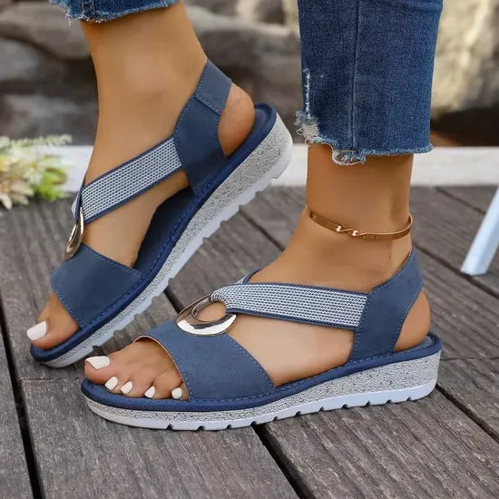 Open Toe Ring Detail Slingback Low Wedge Sandals