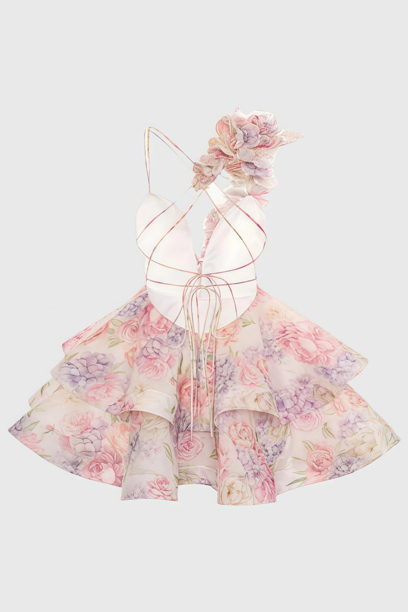 Floral Appliqué Deep V-Neck Tiered Ruffle Mini Dress 6