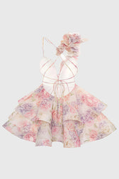 Floral Appliqué Deep V-Neck Tiered Ruffle Mini Dress 6