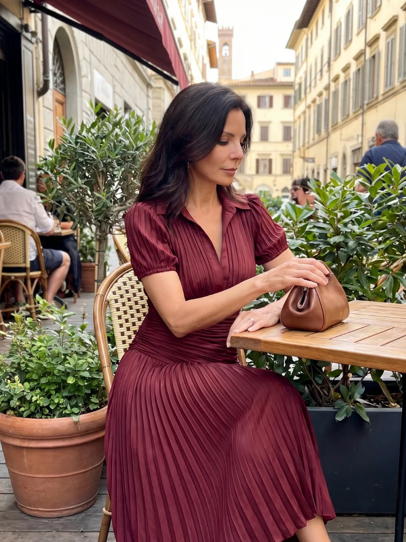 Collared Short Sleeve Pleated Ruched Midi Dress