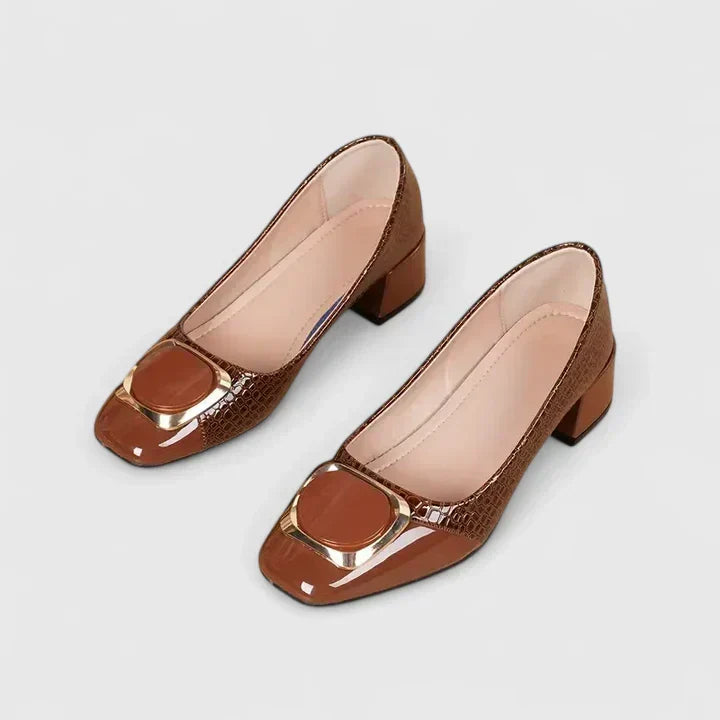 Square Toe Gold Buckle Block Heel Pumps