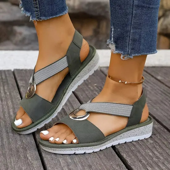 Open Toe Ring Detail Slingback Low Wedge Sandals