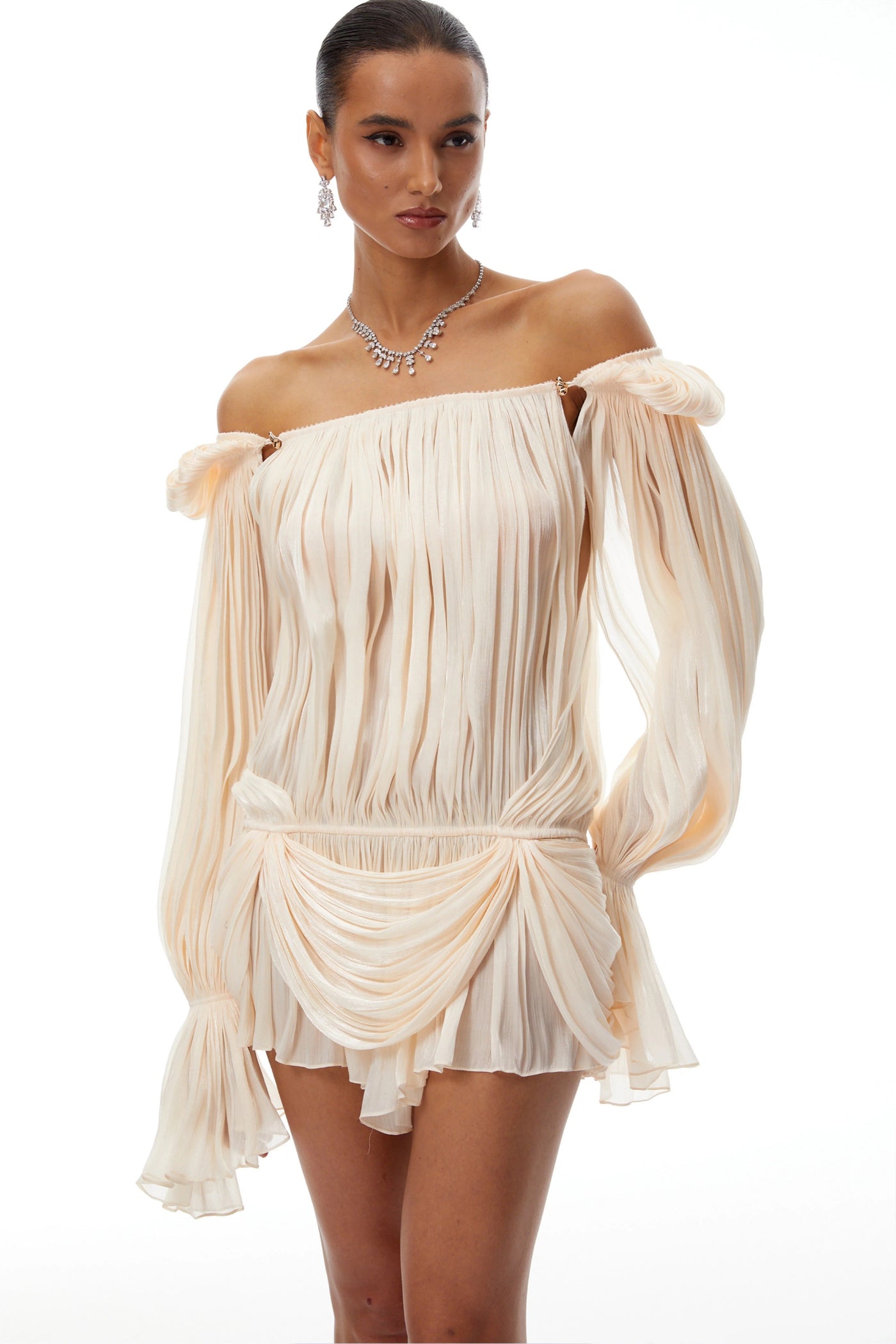 Plisse Off Shoulder Bishop Sleeve Draped Mini Dress 2