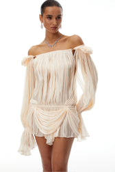 Plisse Off Shoulder Bishop Sleeve Draped Mini Dress 2