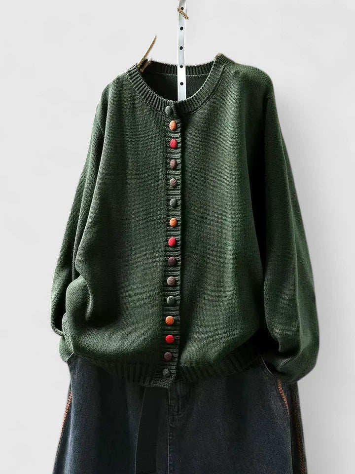 Crew Neck Ruffle Trim Button Front Cardigan