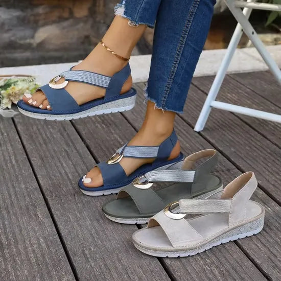 Open Toe Ring Detail Slingback Low Wedge Sandals