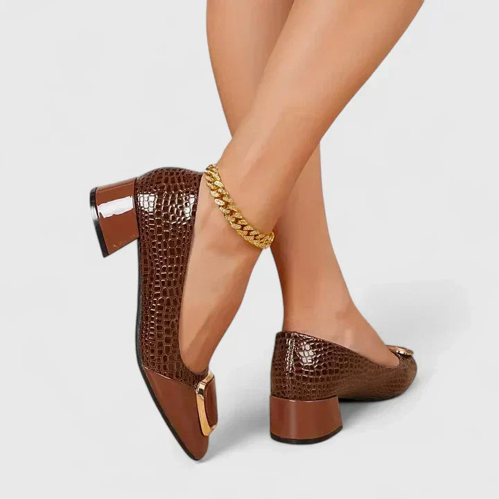 Square Toe Gold Buckle Block Heel Pumps