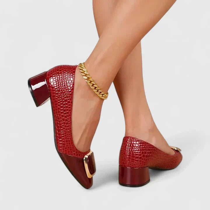 Square Toe Gold Buckle Block Heel Pumps