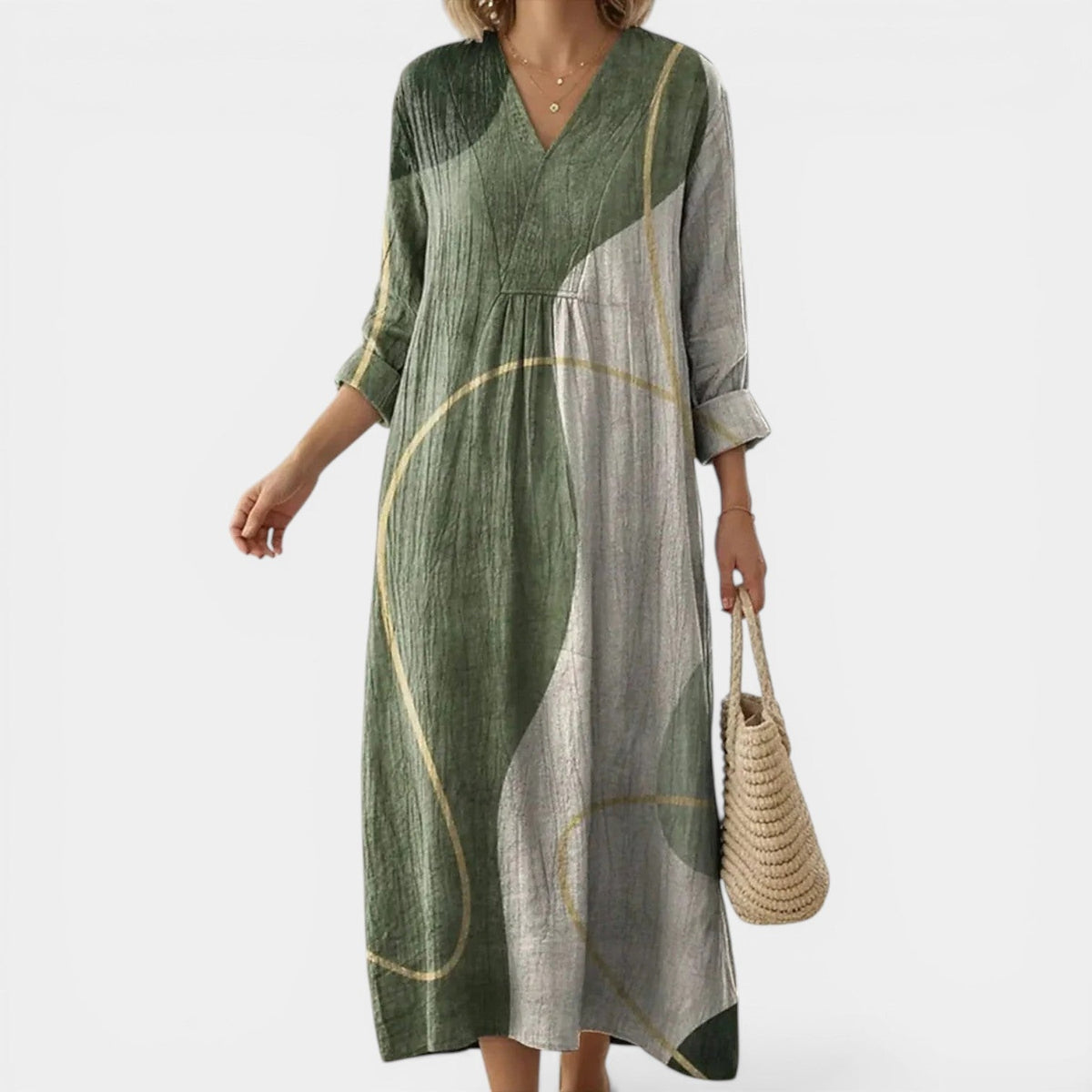 Abstract Colorblock V-Neck Long Sleeve Pleated Midi Dress