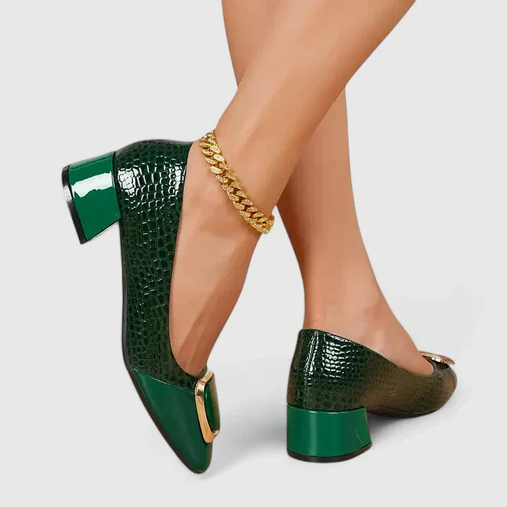 Pointed Toe Croc Embossed Block Heel Buckle Pumps
