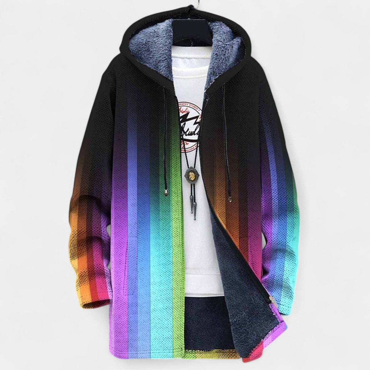 Striped Gradient Fleece Lined Hooded Zip Front Jacket