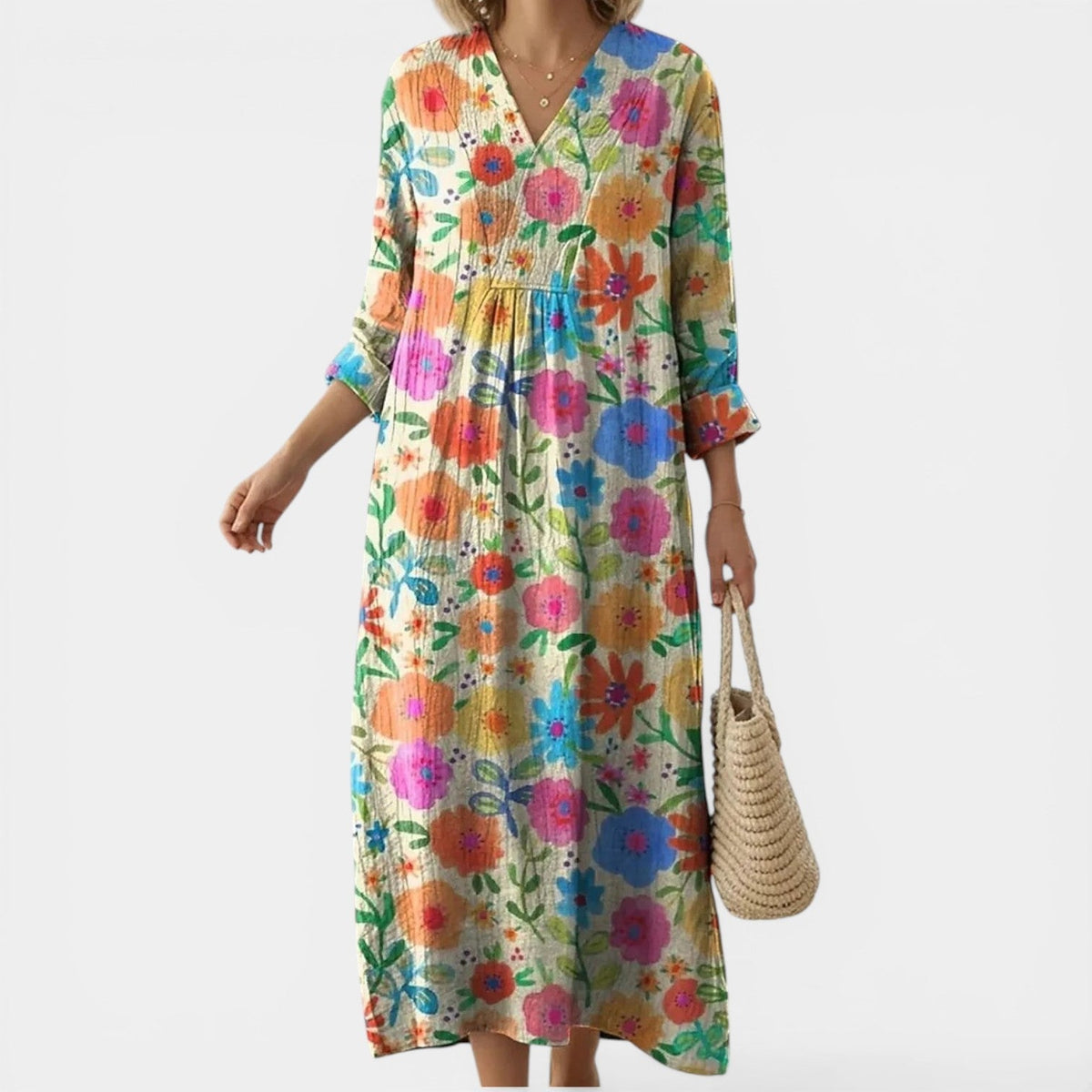 Ditsy Floral Print V-Neck Long Sleeve Pleated Midi Dress