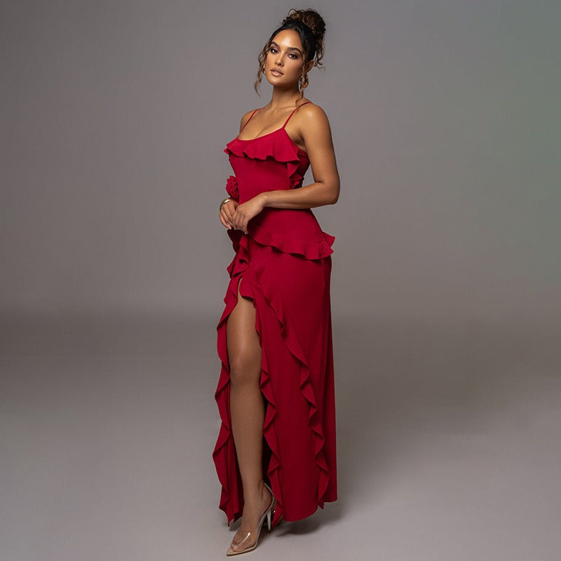 Backless Slit Spliced Halter Dress