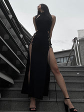 Hollow out sleeveless lace up slit solid maxi dress