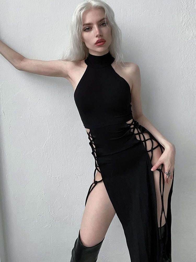Hollow out sleeveless lace up slit solid maxi dress 2
