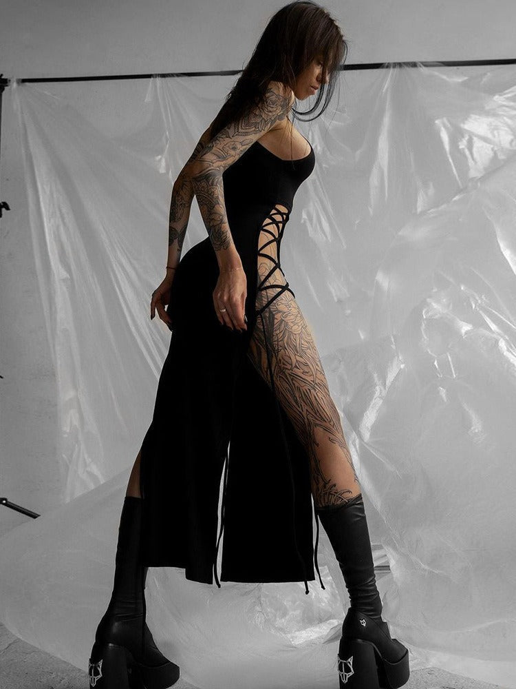 Hollow out sleeveless lace up slit solid maxi dress 3