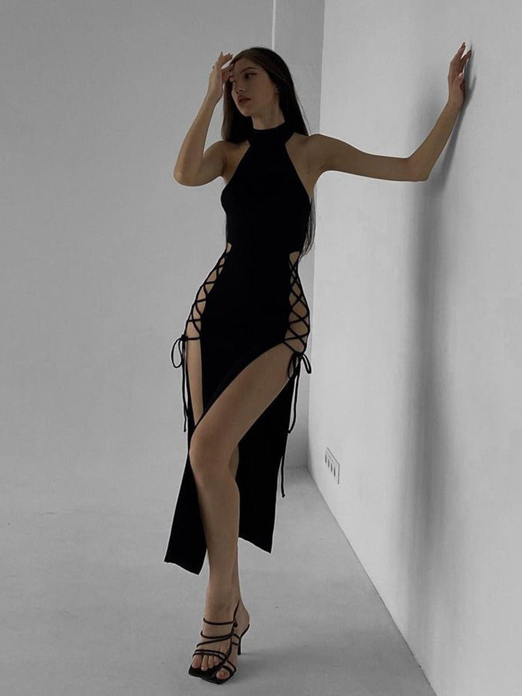 Hollow out sleeveless lace up slit solid maxi dress 5