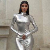 Metallic long sleeve high neck gloves backless ruched maxi dress 4