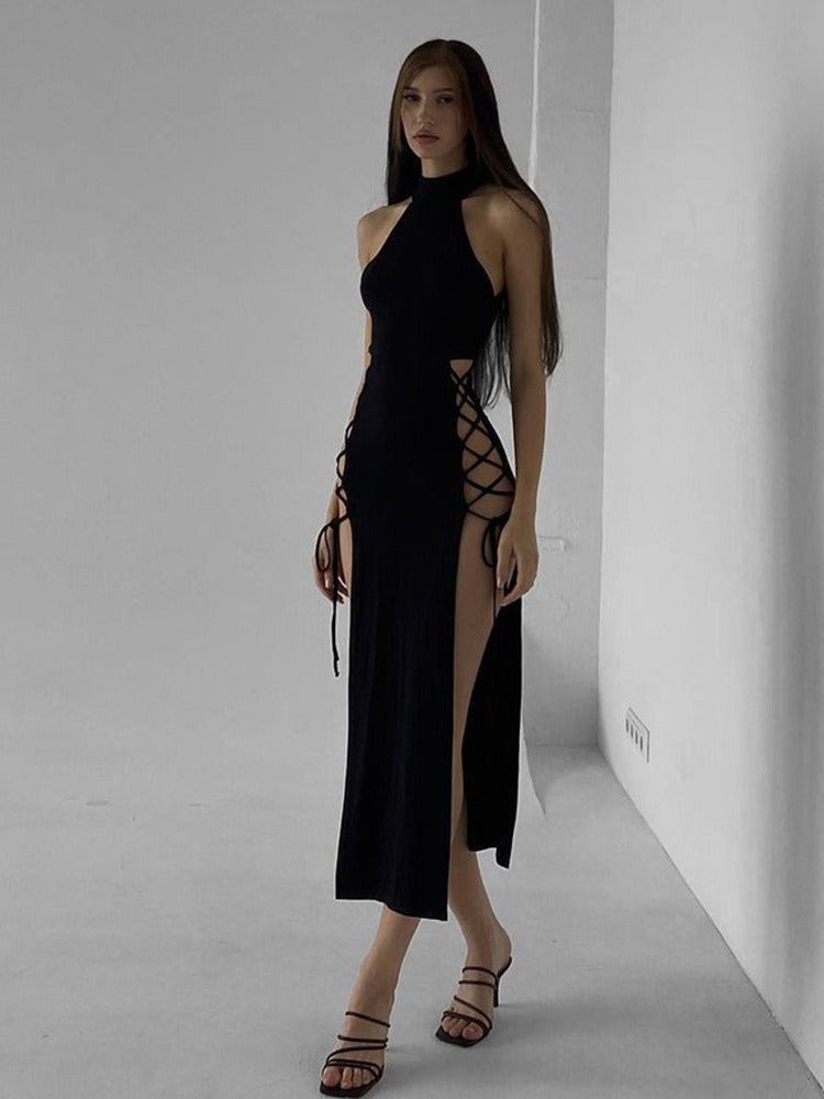 Hollow out sleeveless lace up slit solid maxi dress 6