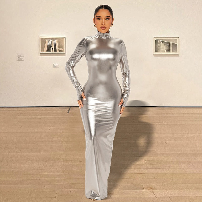 Metallic Mock Neck Long Sleeve Bodycon Maxi Dress