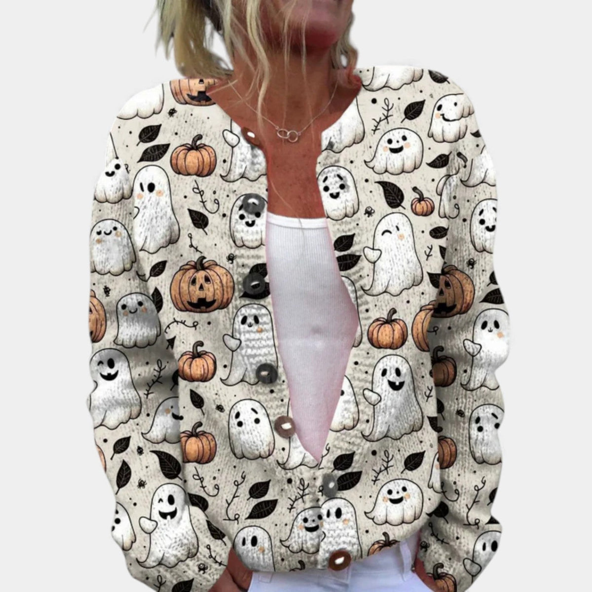 Ghost Pumpkin Print Button Front Knit Cardigan