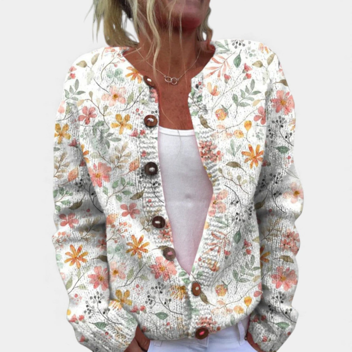 Watercolor Floral Round Neck Button Front Knit Cardigan